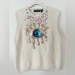 Vintage Upcycled Embroidered Boho Sequined Evil Eye Sweater Vest Tank Top NWOT